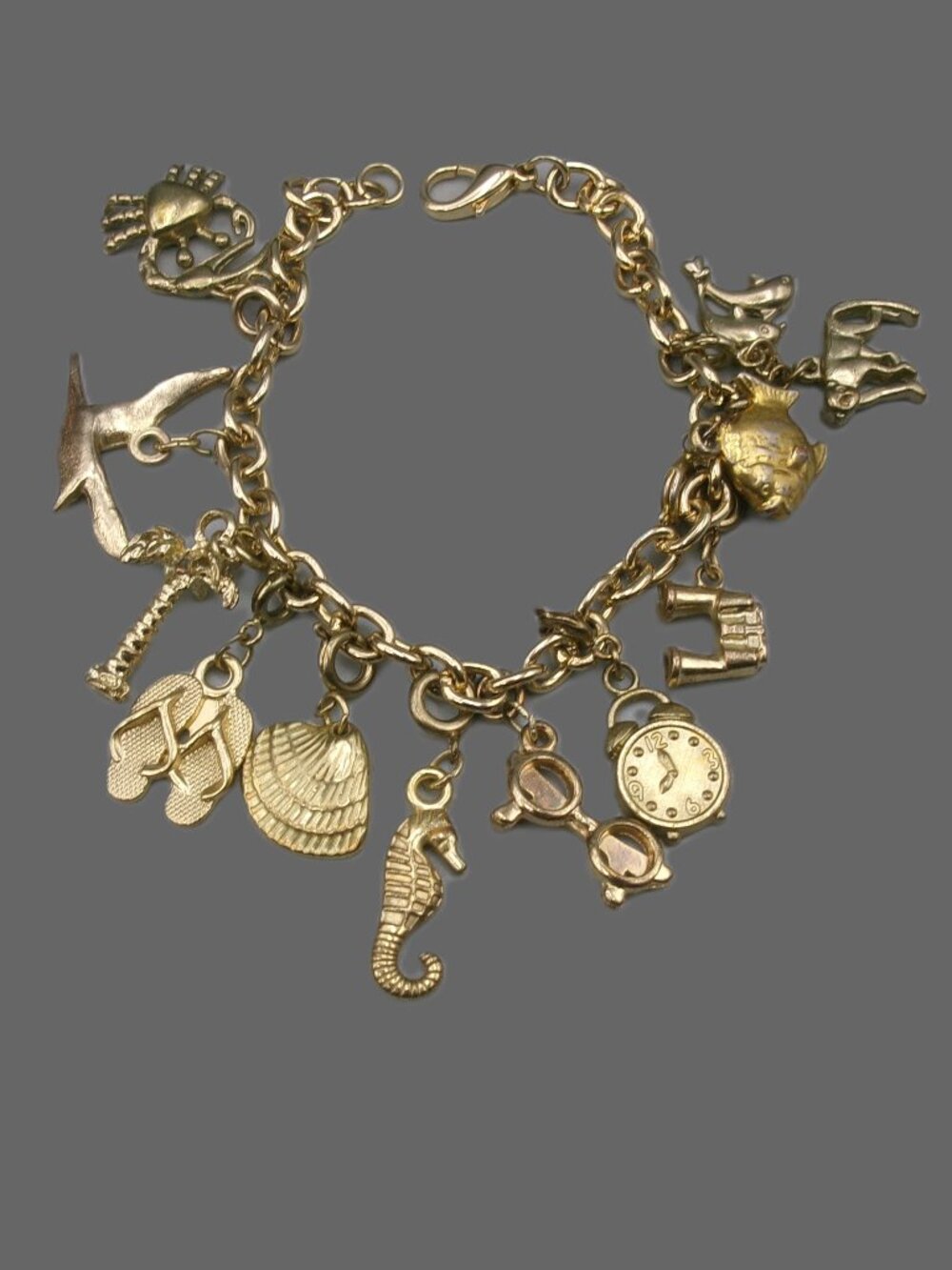 Vtg Gold Tone Nautical Beach Sea Travel Charm Bracelet, Tropical Travel Vacation